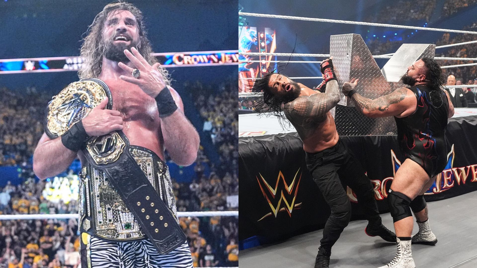 Seth Rollins, Roman Reigns, and Bronson Reed at Crown Jewel [Image Credits: WWE.com]