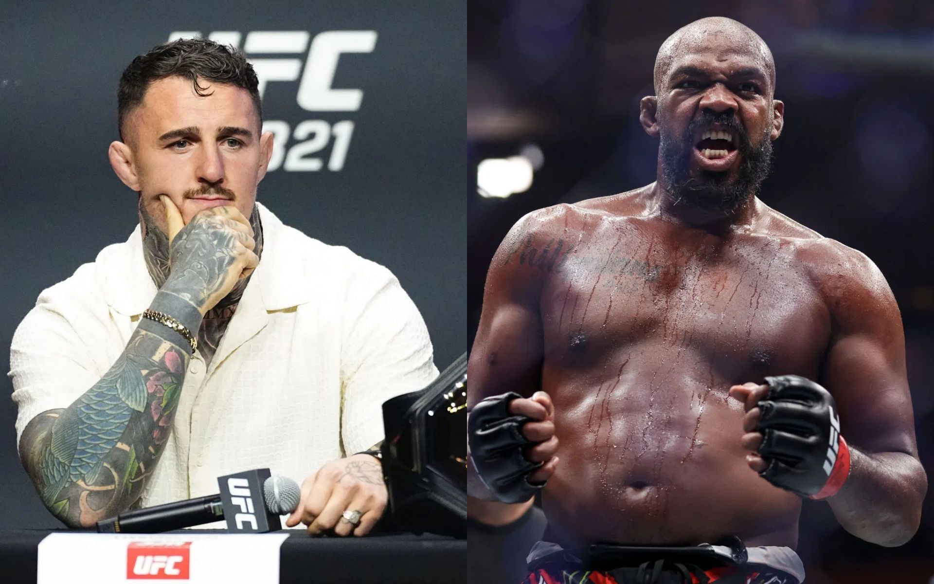 Tom Aspinall (left) talks about Jon Jones (right). [Images courtesy: Getty]