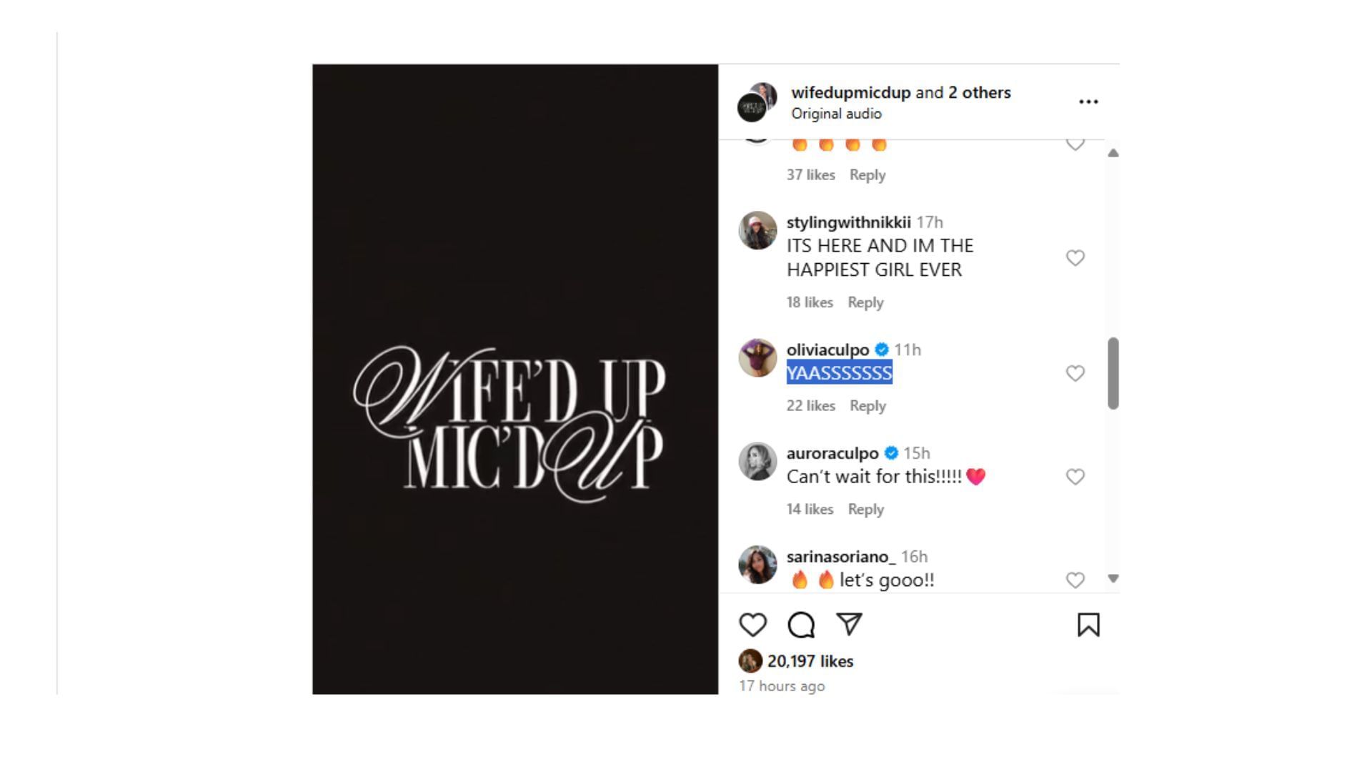 Olivia Culpo shared a response to the new series featuring Kittle and Juszczyk&#039;s news. (Comment via Wife&rsquo;d Up, Mic&rsquo;d Up Instagram post)