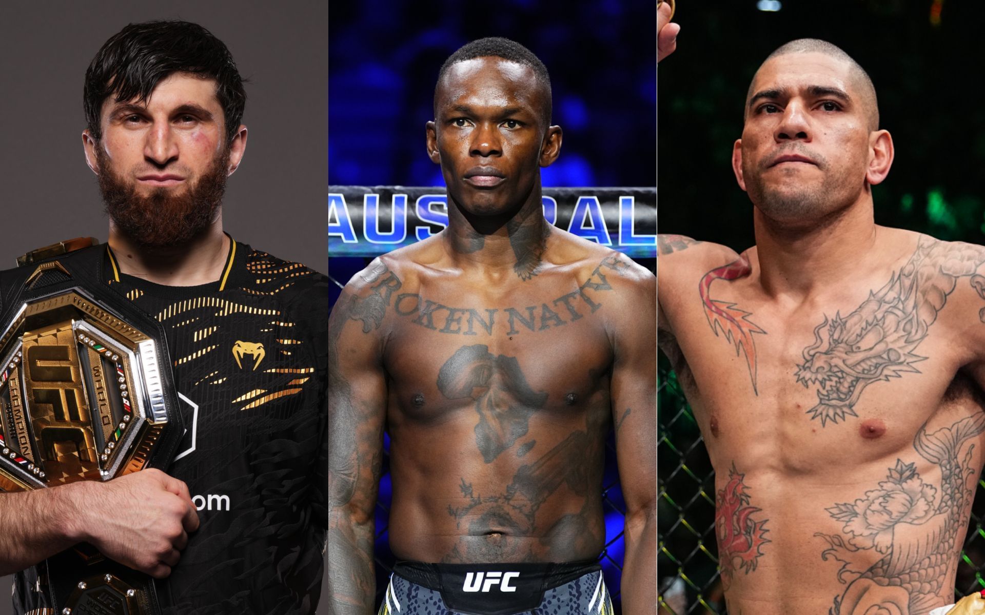 Israel Adesanya (middle) reacts to Alex Pereira