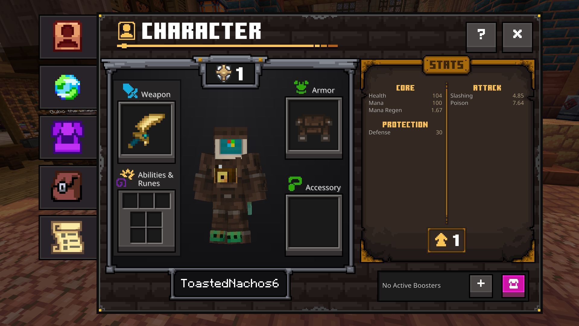 The profile section shows the list of your stats and lets you access all the weapons and items that you own (Image via Sportskeeda Gaming || Mojang Studios/Noxcrew)