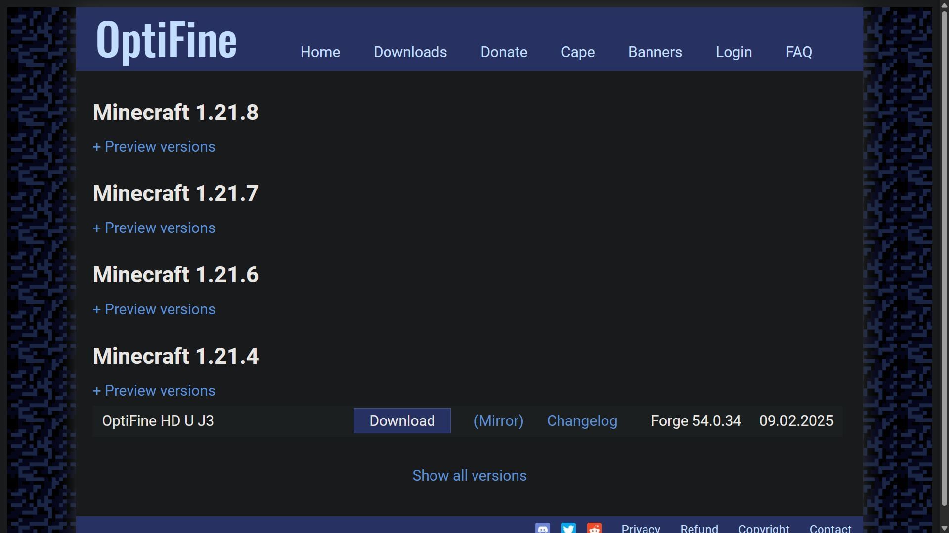 The developers have released several preview versions for every previous game drop (Image via OptiFine)