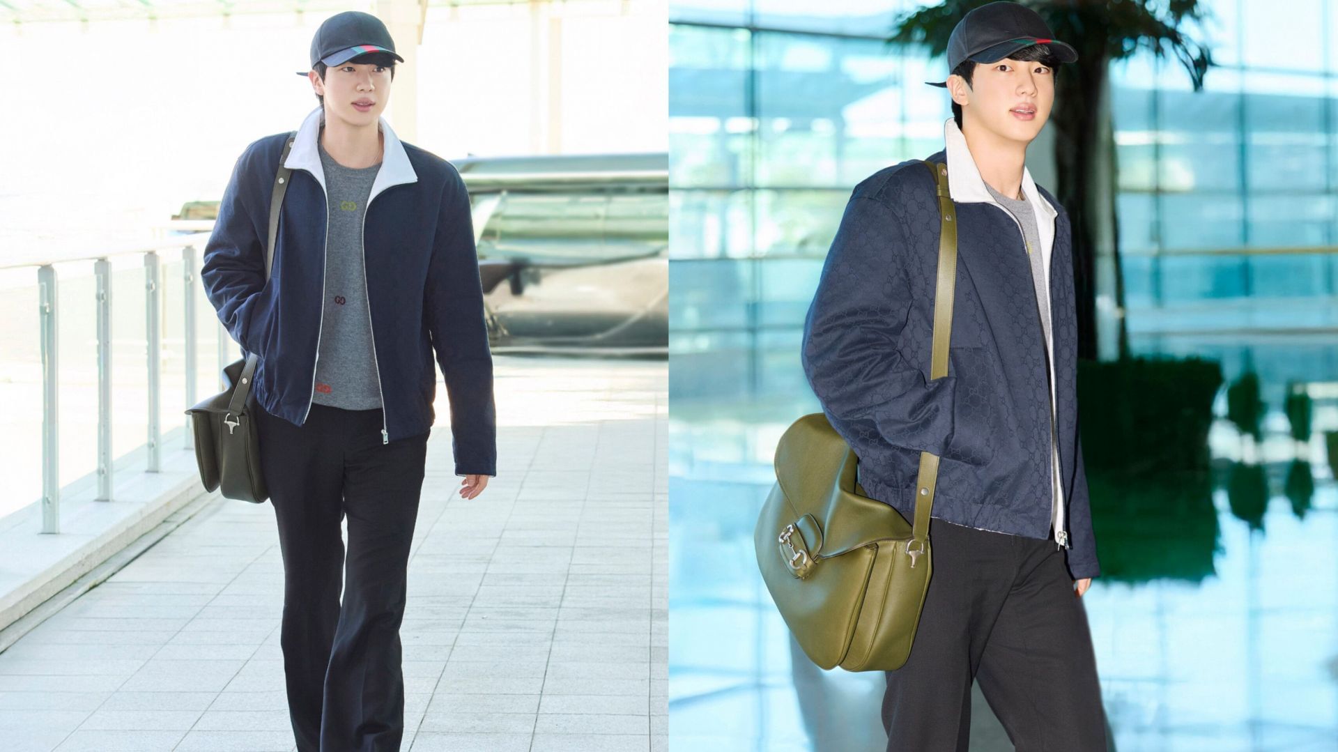 The BTS singer at the airport while leaving for Milan Fashion Week (Images via X/@gucci)