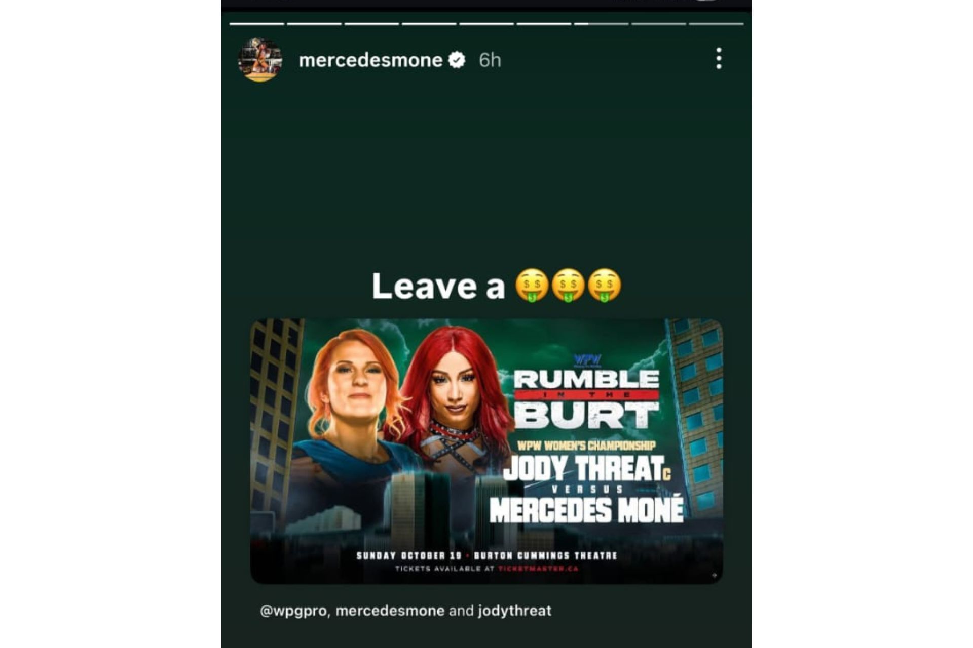 Mercedes&#039; recent Instagram story about her upcoming WPW Women&#039;s Title match. [via Mone&#039;s Instagram story]