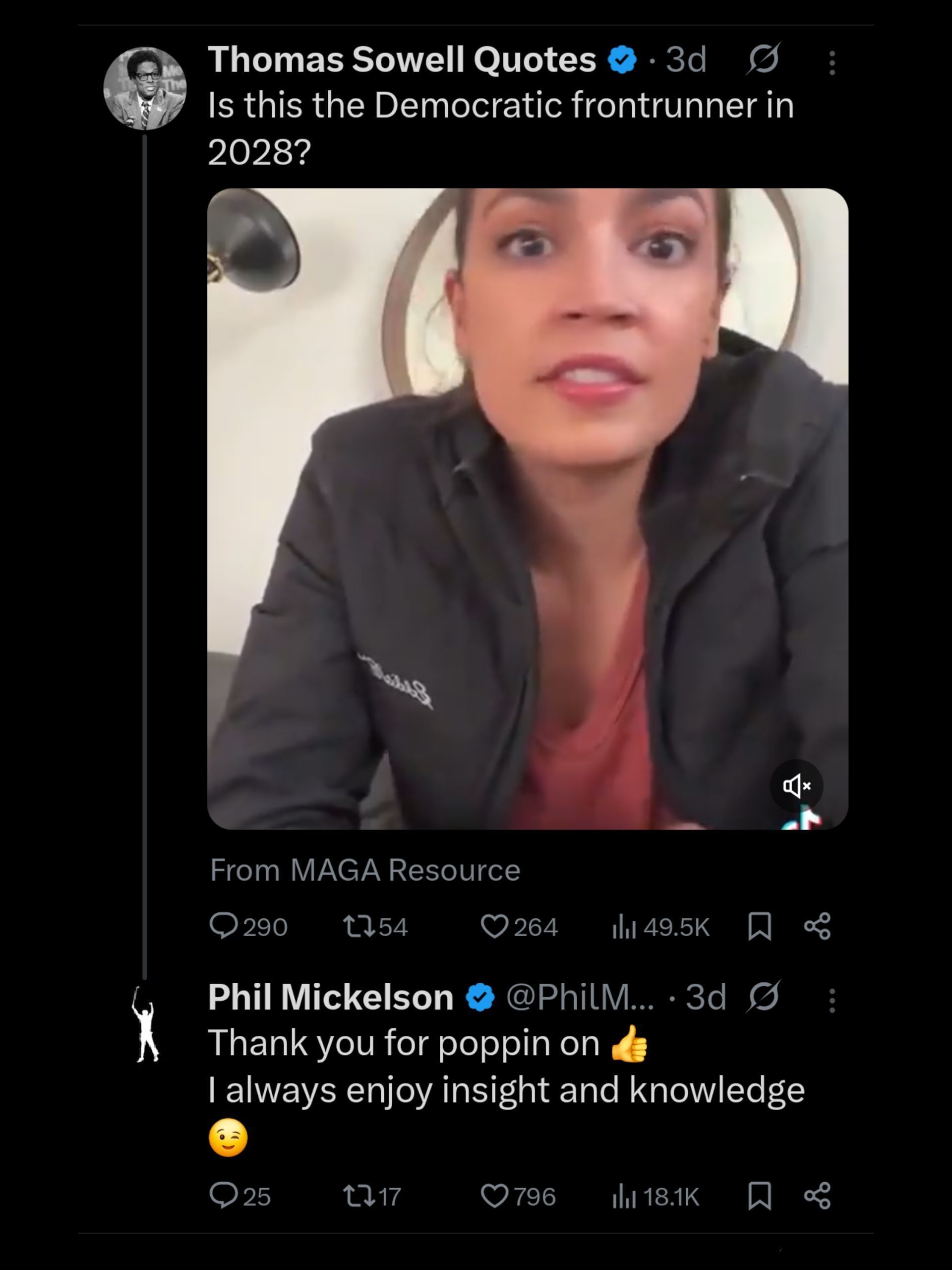 Mickelson's sarcastic comment below AOC's clip / X: @PhilMickelson