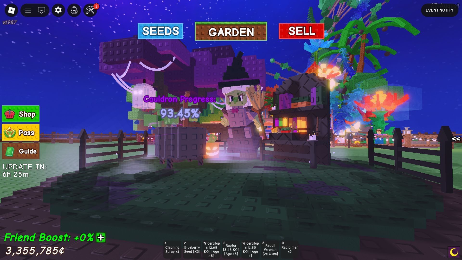 The Bat Attack Weather may trigger upon filling up the Witch&#039;s Cauldron (Image via Roblox)