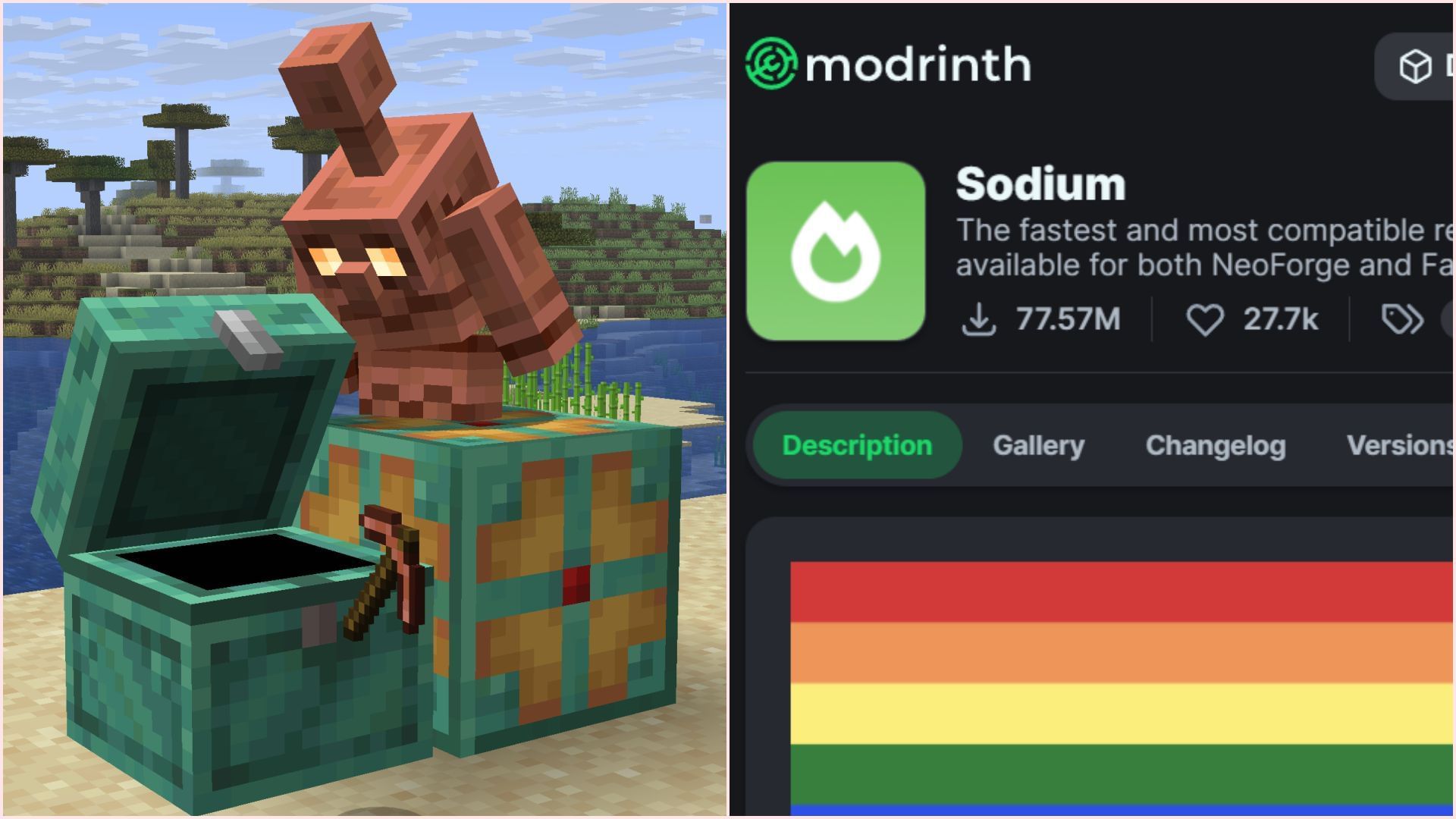 Sodium is one of the most popular optimization mods (Image via Sportskeeda Gaming || Mojang Studios || Modrinth/Sodium)