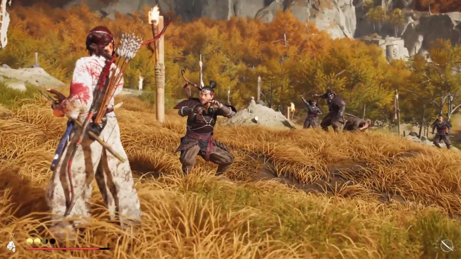 Defeat the Saito Outlaws near Mari&#039;s grave (Image via Sucker Punch || YouTube@RPGaming)