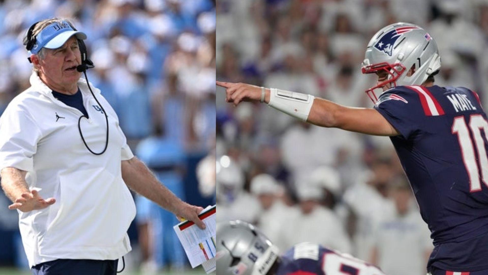 UNC coach Bill Belichick and Pats QB Drake Maye