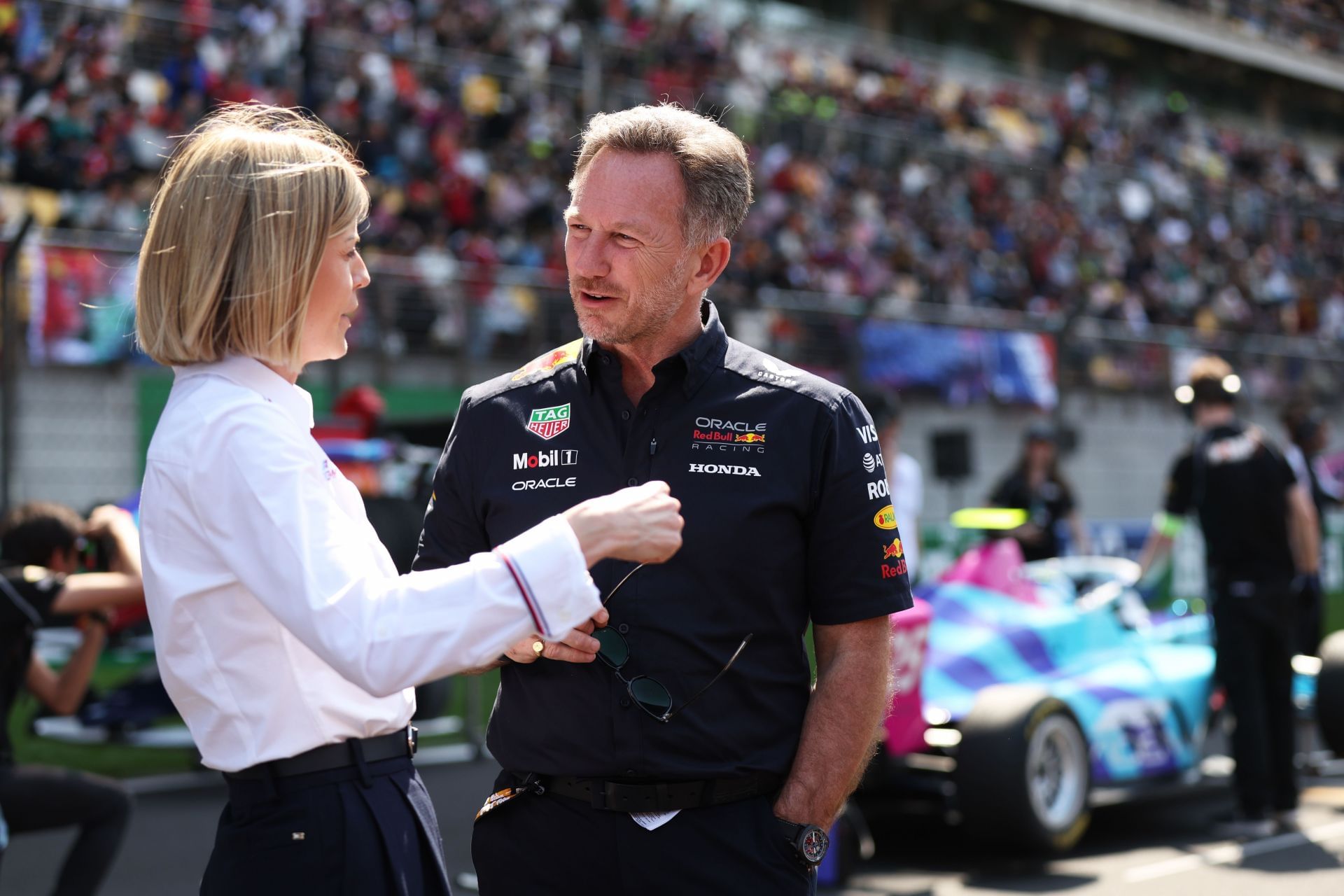 Susie Wolff (L) and Christian Horner (R) ahead of the F1 Academy race at the 2025 Chinese GP weekend- Source: Getty