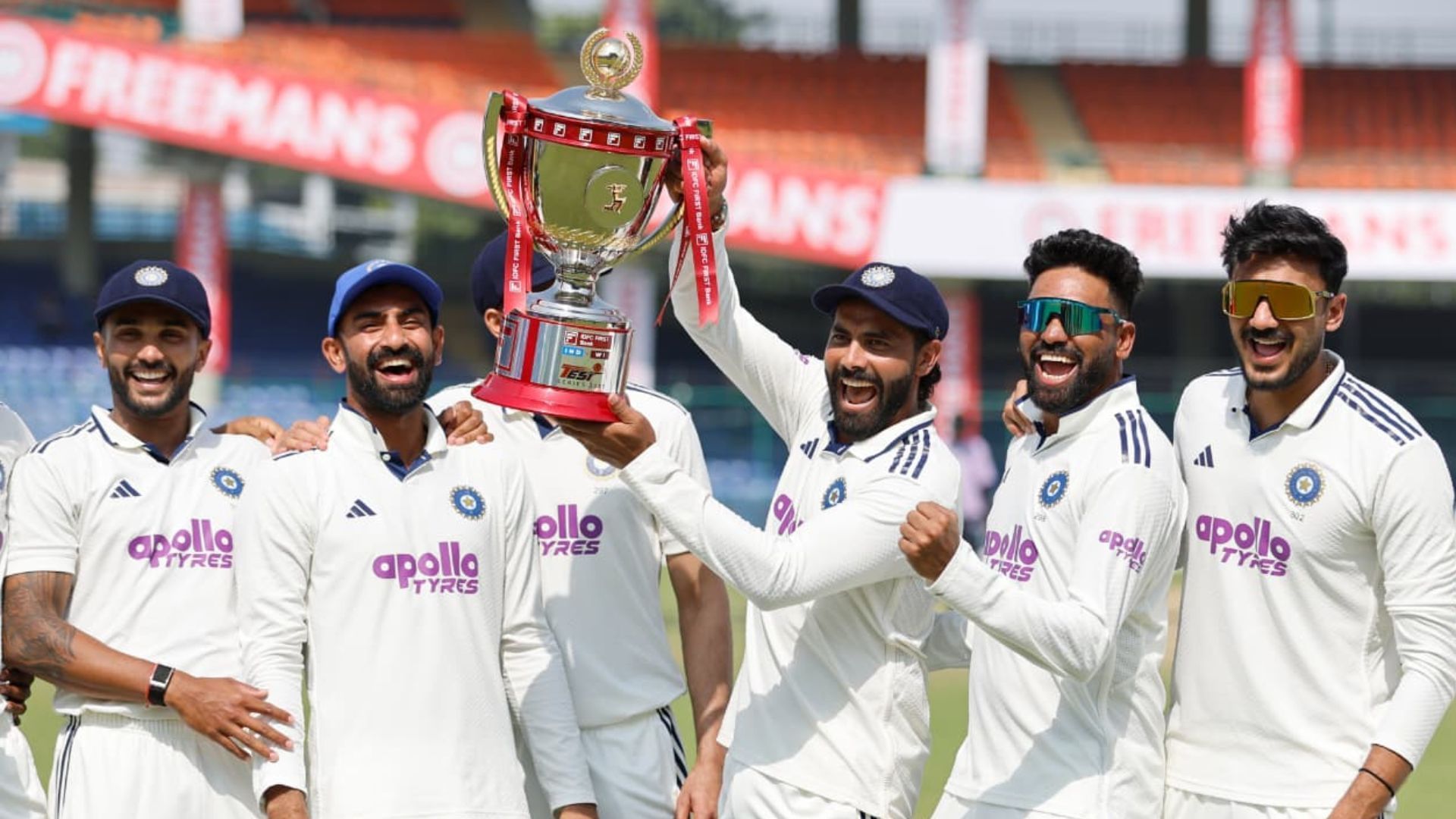 Team India stars with the trophy after series win over West Indies (Image Credits: BCCI/X)