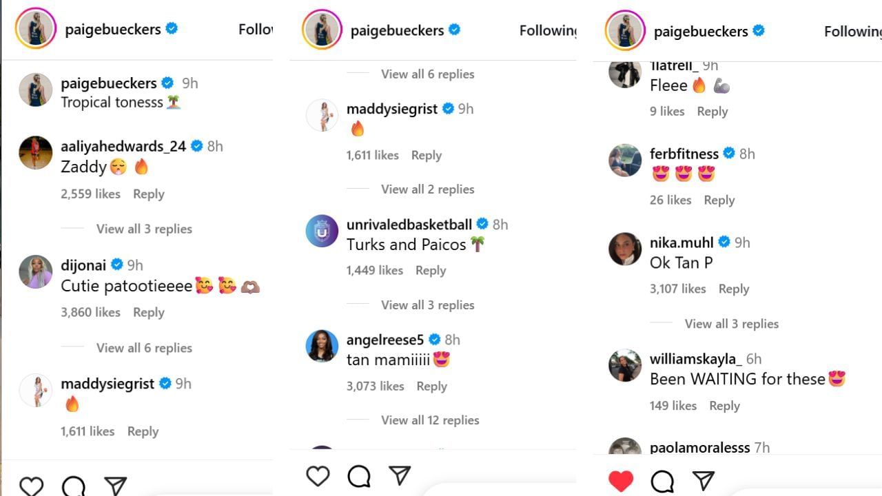 Angel Reese and others react to Paige Bueckers&#039; tropical getaway photos Wednesday on Instagram. [photo: @paigebueckers/IG]