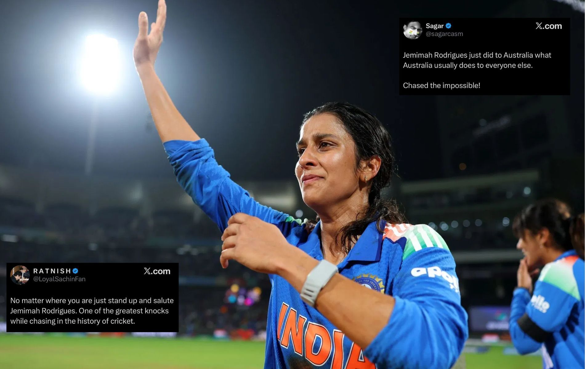 Jemimah Rodrigues earned widespread praise for her batting exploits. (Pics: Getty Images/X/@LoyalSachinFan/@sagarcasm).