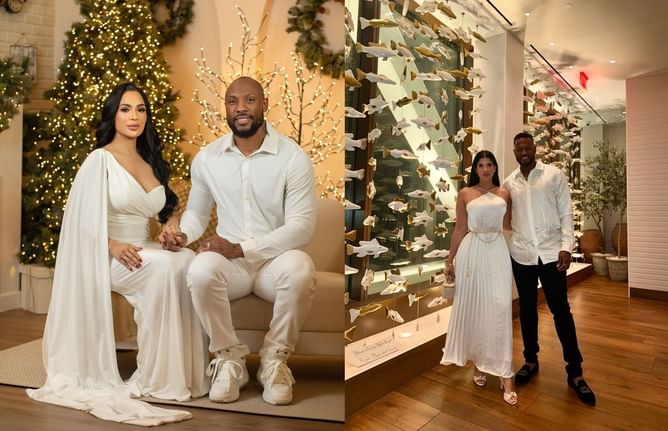 Luis Severino's wife, Rosmaly, turns heads in a strapless navy jumpsuit at Starling Marte's birthday celebration