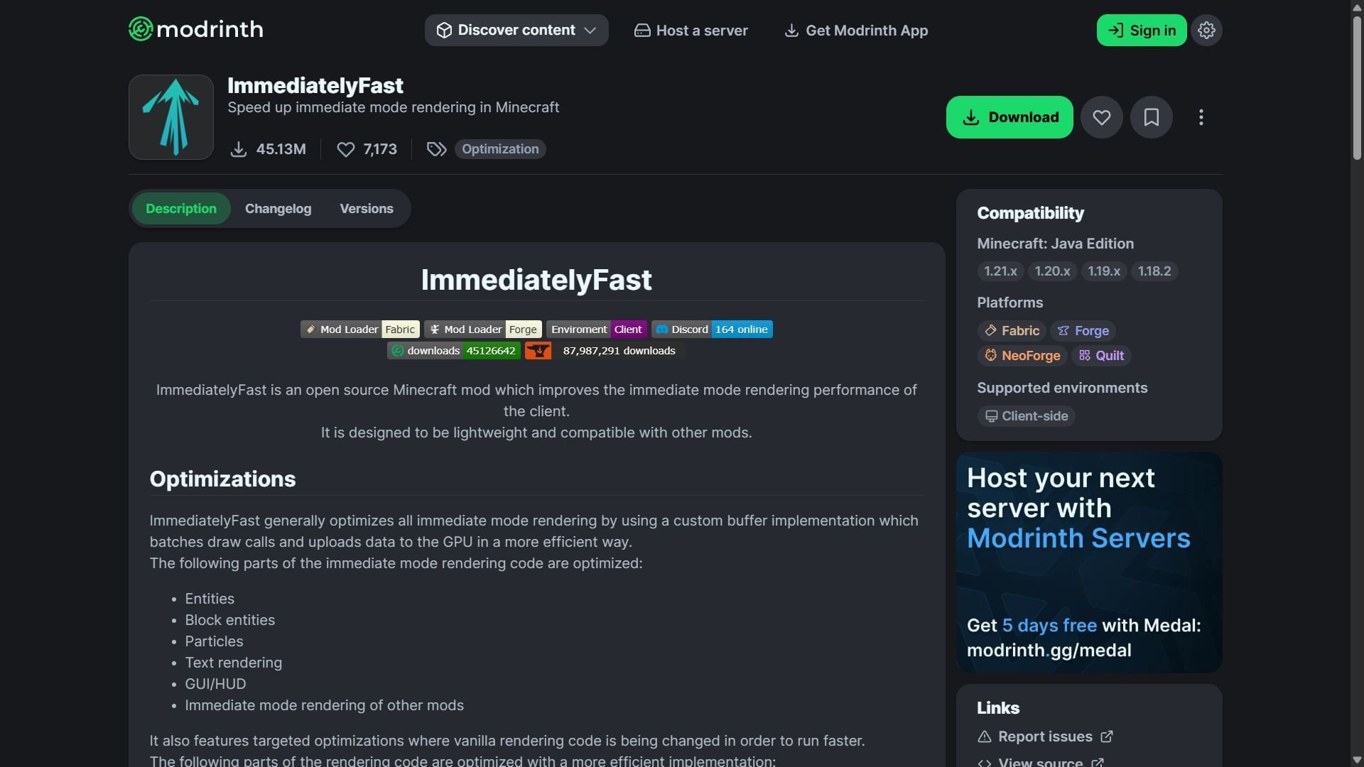 ImmediatelyFast mod can be installed from the Modrinth website (Image via Modrinth/ImmediatelyFast)