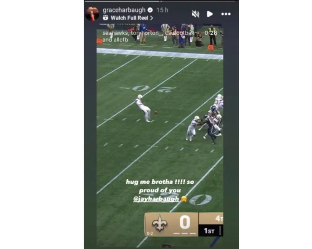 Grace Harbaugh shares a heartfelt message cheering brother Jay after the Seahawks&rsquo; dominant win over the New Orleans Saints [IG/@graceharbough]