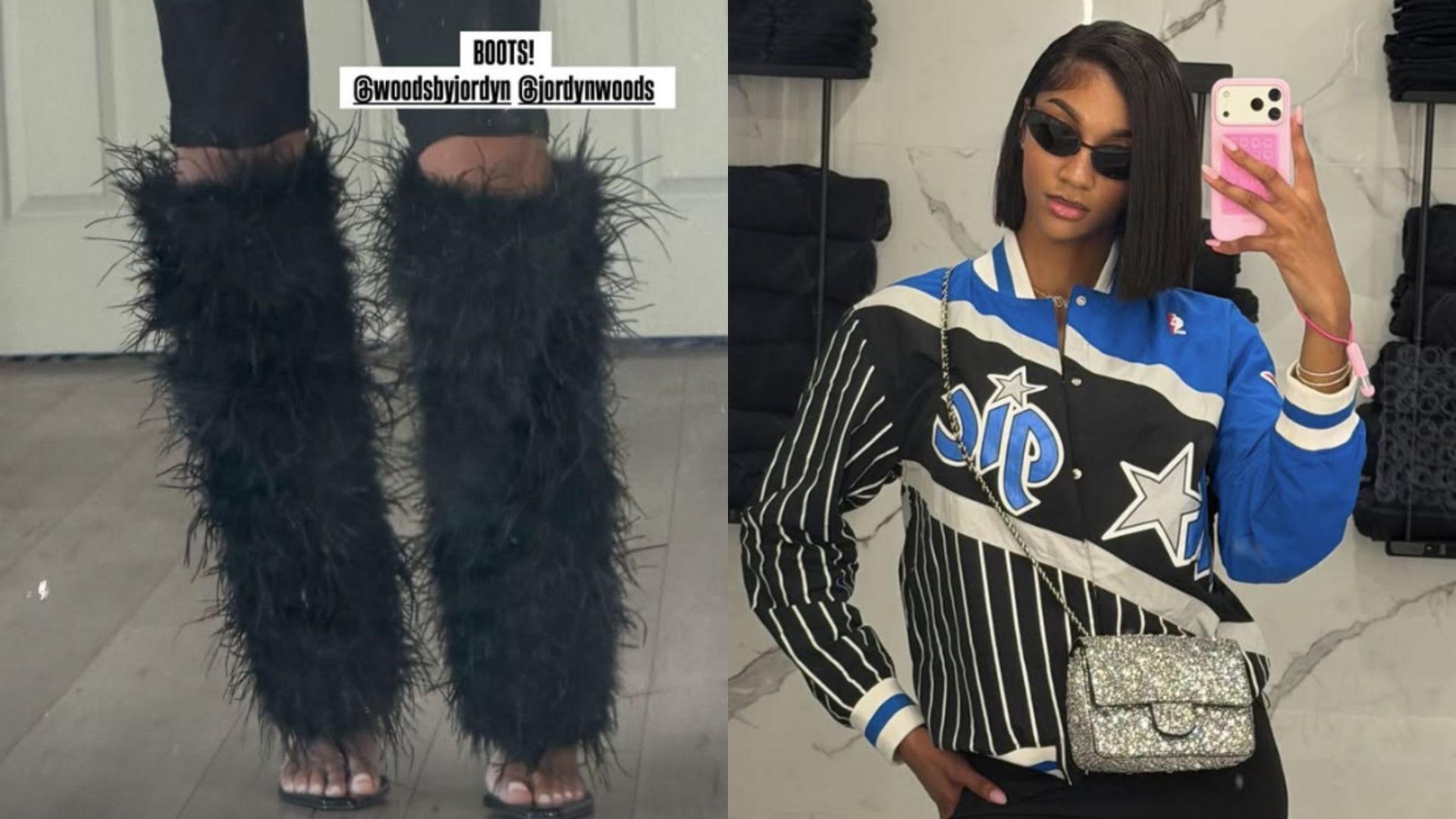Angel Reese Pairs Jordyn Woods $390 Boot With Orlando Magic-Inspired Jacket (Photos from Reese&#039;s IG)