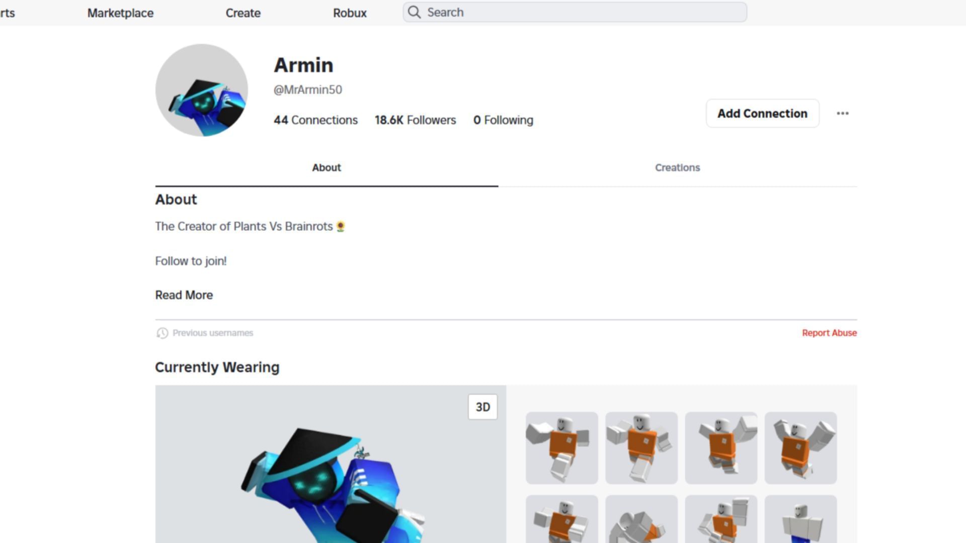 Armin&#039;s Roblox profile (Image via Roblox)