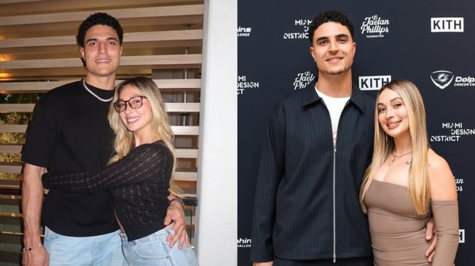 Dolphins LB Jaelan Phillips & fiancée Samantha squeal in joy as couple find out gender of their baby at reveal party [PHOTOS]