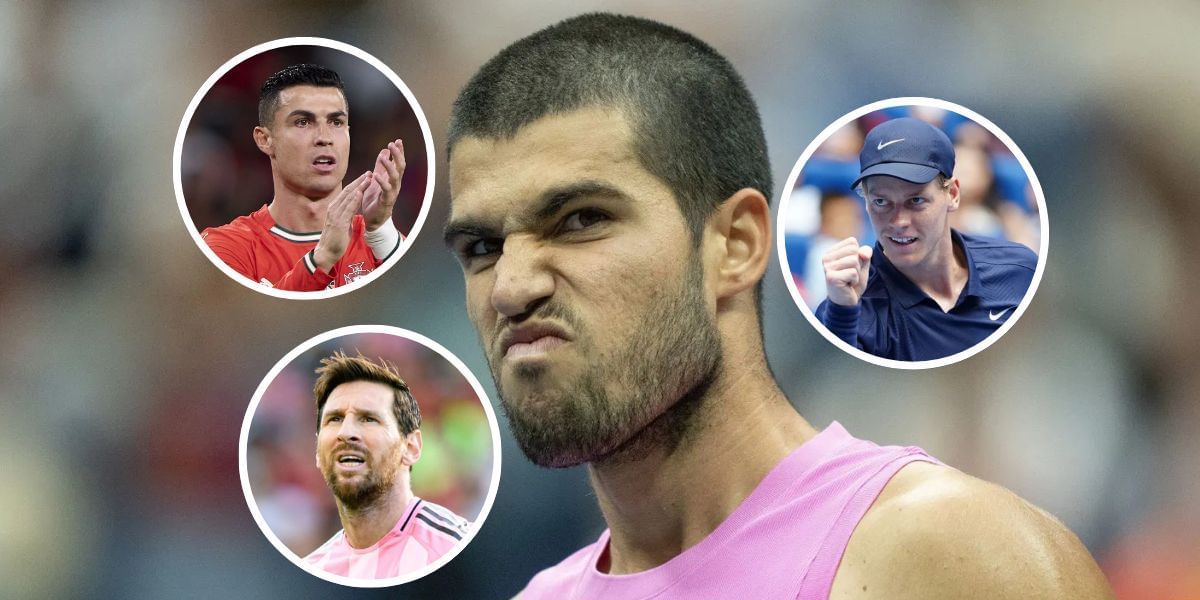 Carlos Alcaraz (background), Jannik Sinner (right inset), Cristiano Ronaldo (top left inset), Lionel Messi (bottom left inset), Sources: Getty
