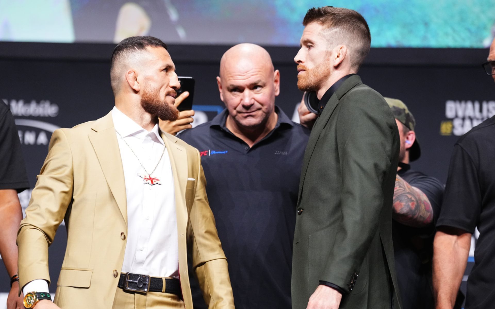 Merab Dvalishvili (left) takes shots at Cory Sandhgaen (right) ahead of their UFC 320 clash. [Image courtesy: Getty Images]
