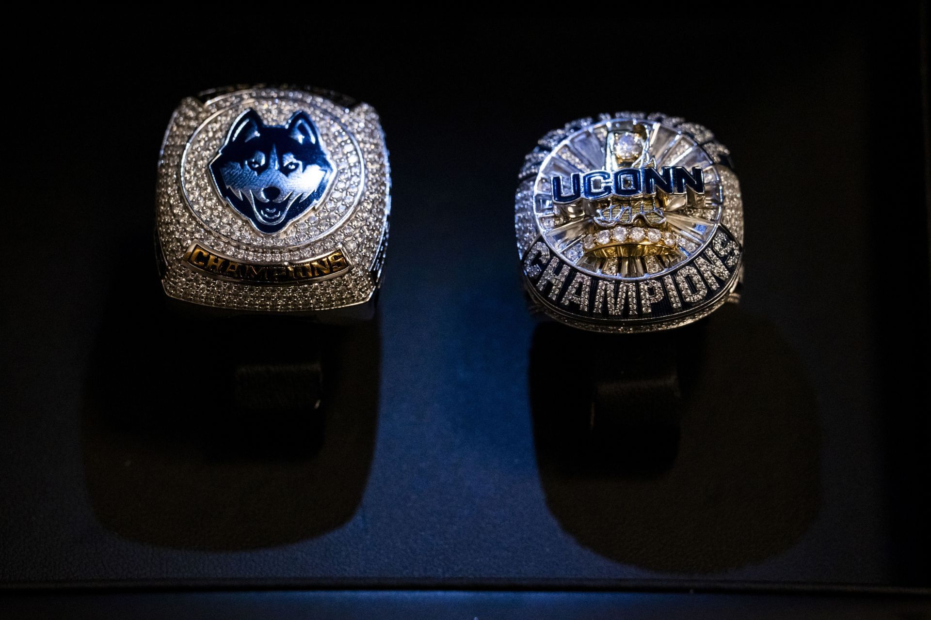 HARTFORD, CONNECTICUT - OCTOBER 26: Connecticut Huskies 2025 women&#039;s national championship rings are shown at PeoplesBank Arena on October 26, 2025 in Hartford, Connecticut. The rings were designed with a collaboration from teammates Paige Bueckers, Azzi Fudd and Caroline Ducharme. (Photo by Joe Buglewicz/Getty Images)