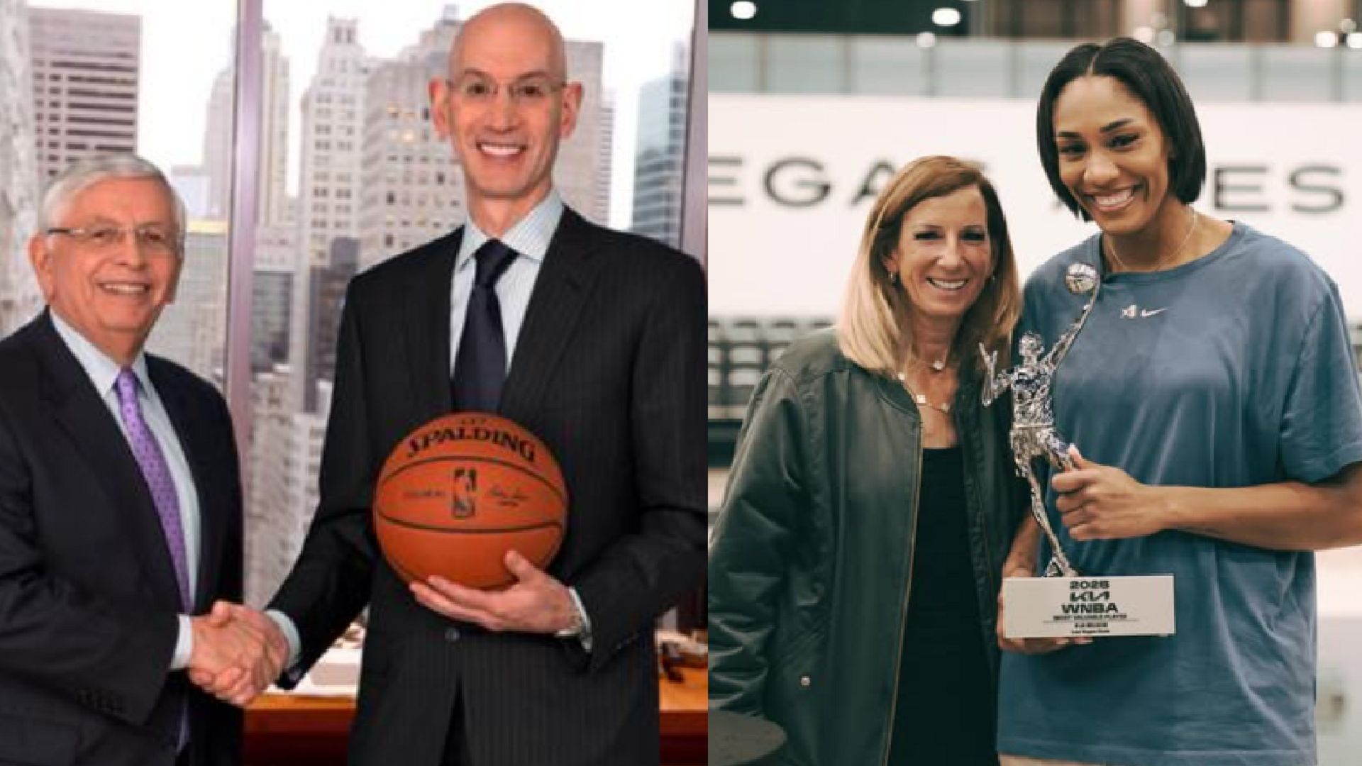An image of David Stern, Adam Silver, Cathy Engelbert, and A