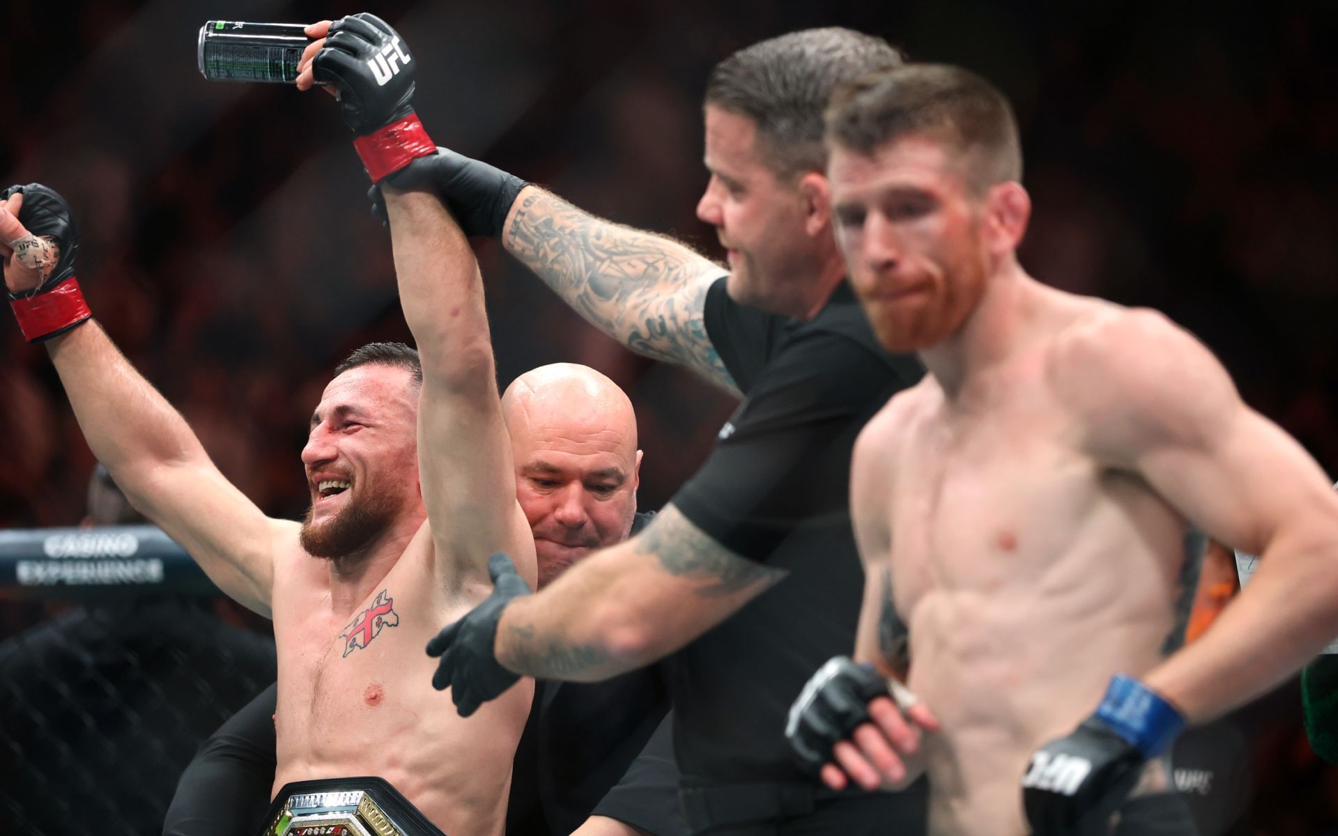 Cory Sandhagen (right) on Merab Dvalishvili (left) fighting just two months after their UFC 320 clash. [Image courtesy: Getty Images]