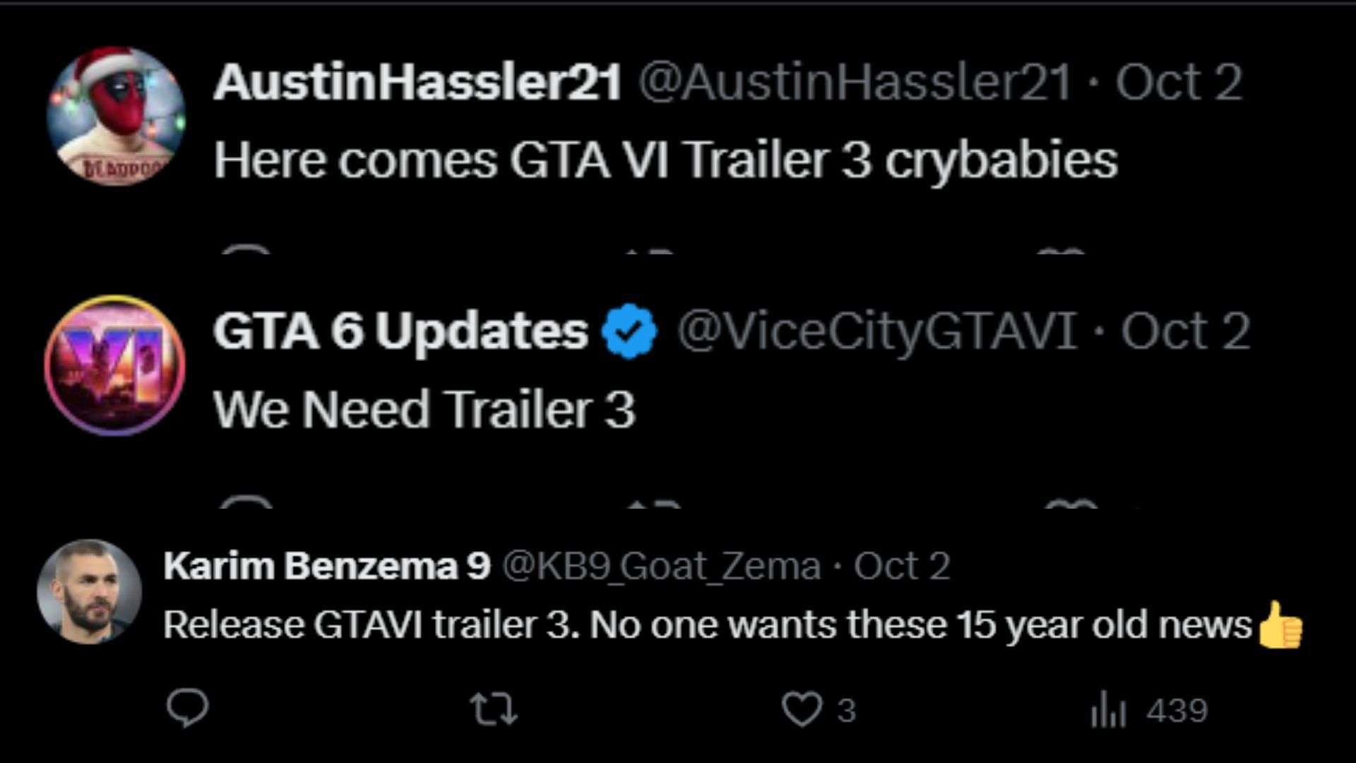 Some fans were annoyed by others asking for the third trailer (Image via X)