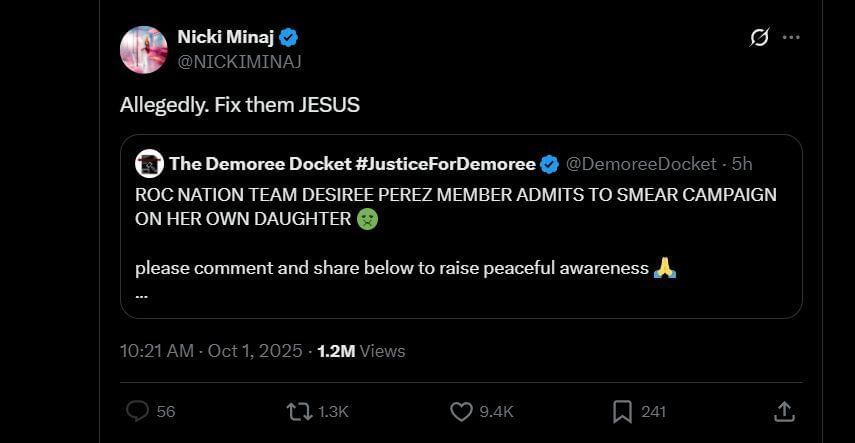 Nicki&#039;s tweet on the case (Image via X/@NICKIMINAJ)