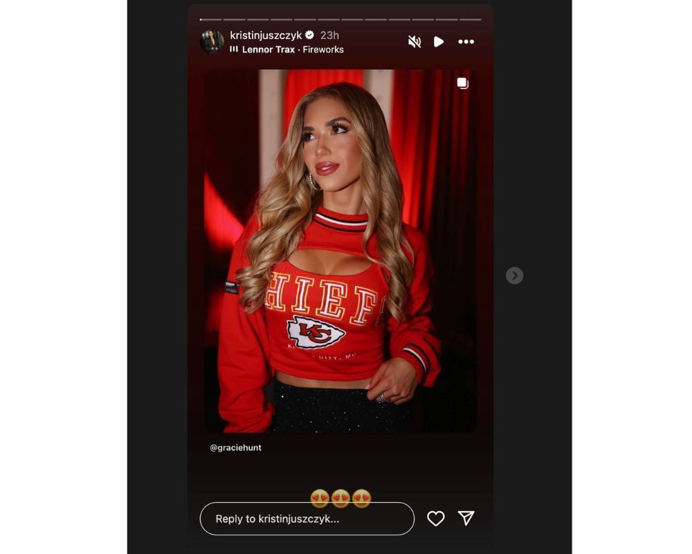 Kyle Juszczyk&#039;s wife Kristin impressed by Gracie Hunt as Chiefs heiress styles custom &#039;Happy Red Friday&#039; outfit from designer&#039;s Off Season brand [IG/@kristinjuszczyk]