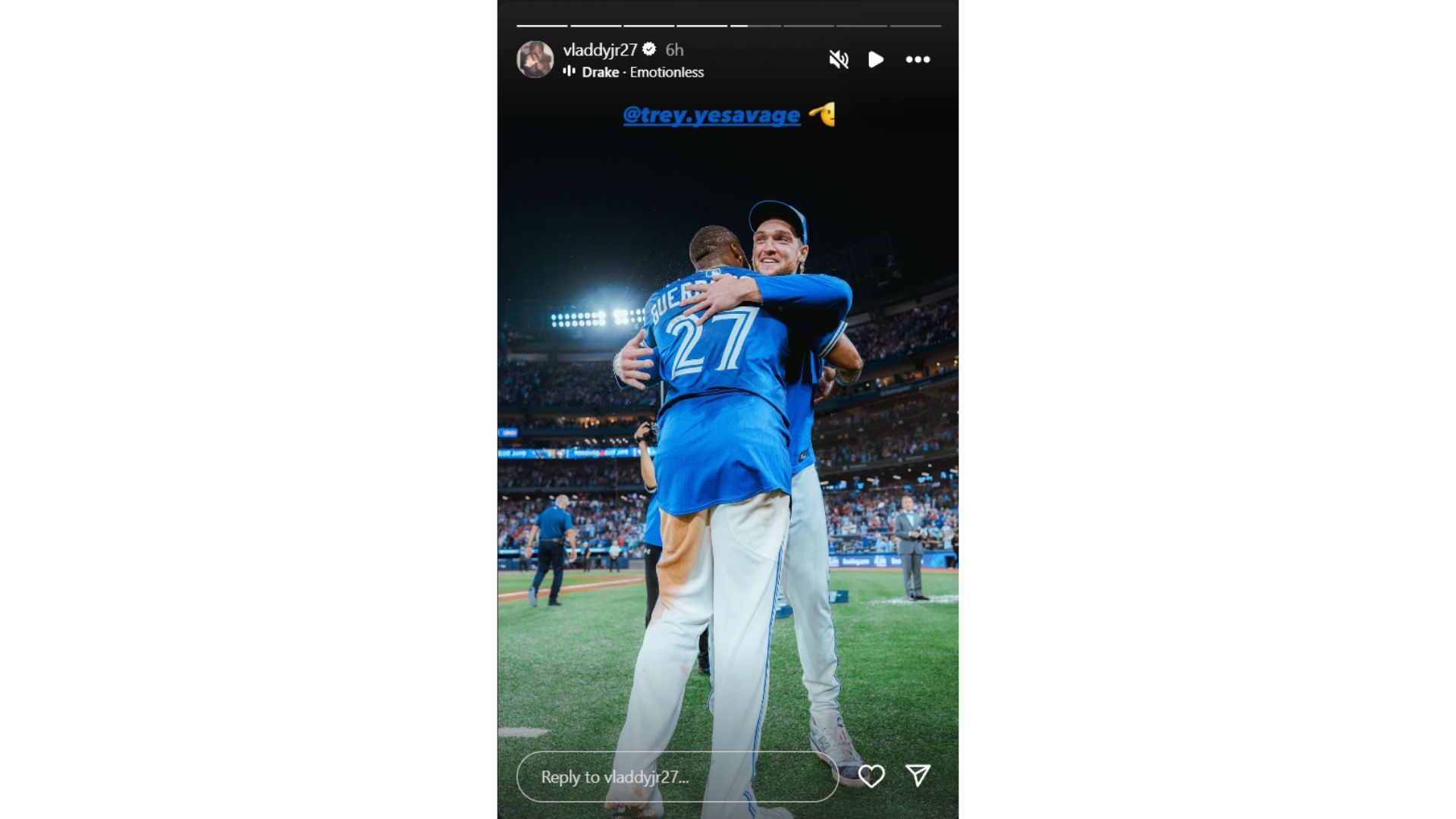 Vladimir Guerrero Jr.&#039;s Instagram story featuring Trey Yesavage (Source: Instagram @vladdyjr27)