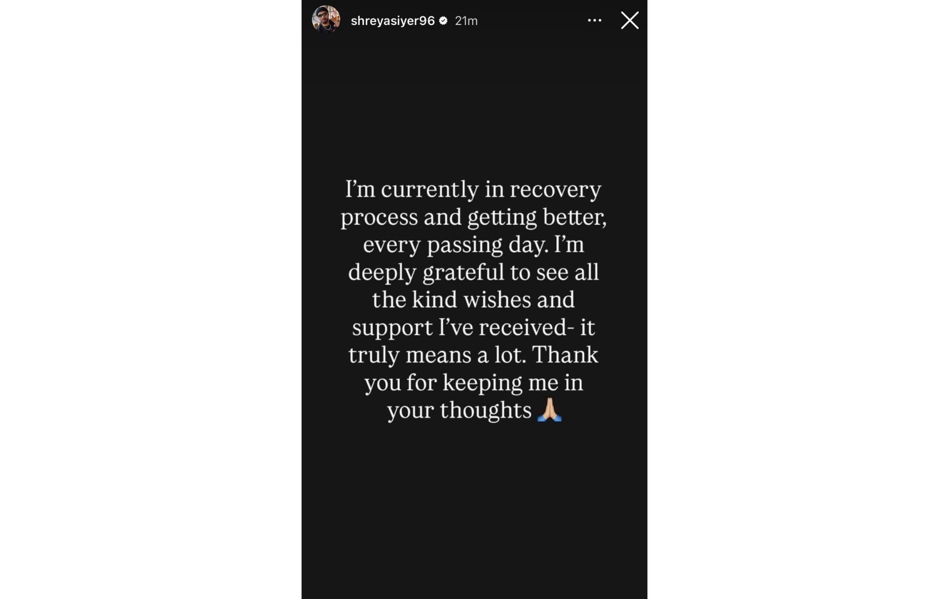 Screenshot of Shreyas Iyer&#039;s Instagram story. (Source: Instagram/shreyasiyer96).