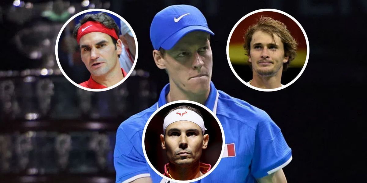 Jannik Sinner (background), Roger Federer (left inset), Rafael Nadal (bottom inset), Alexander Zverev (right inset), Sources: Getty