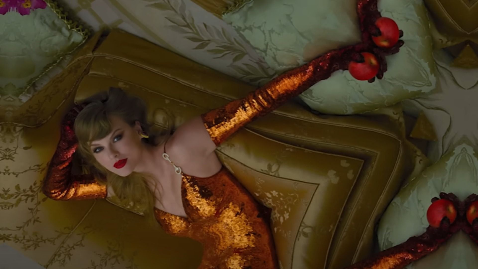 A screenshot from Actually Romantic Visualizer (Image via YouTube/ Taylor Swift)