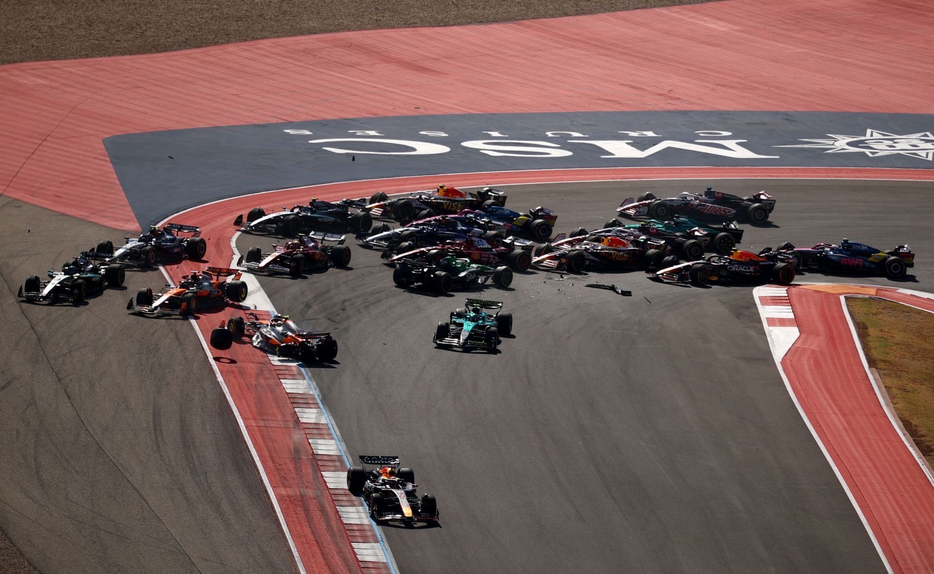 Max Verstappen leads as McLaren crashes during the US GP Sprint. Source: Getty