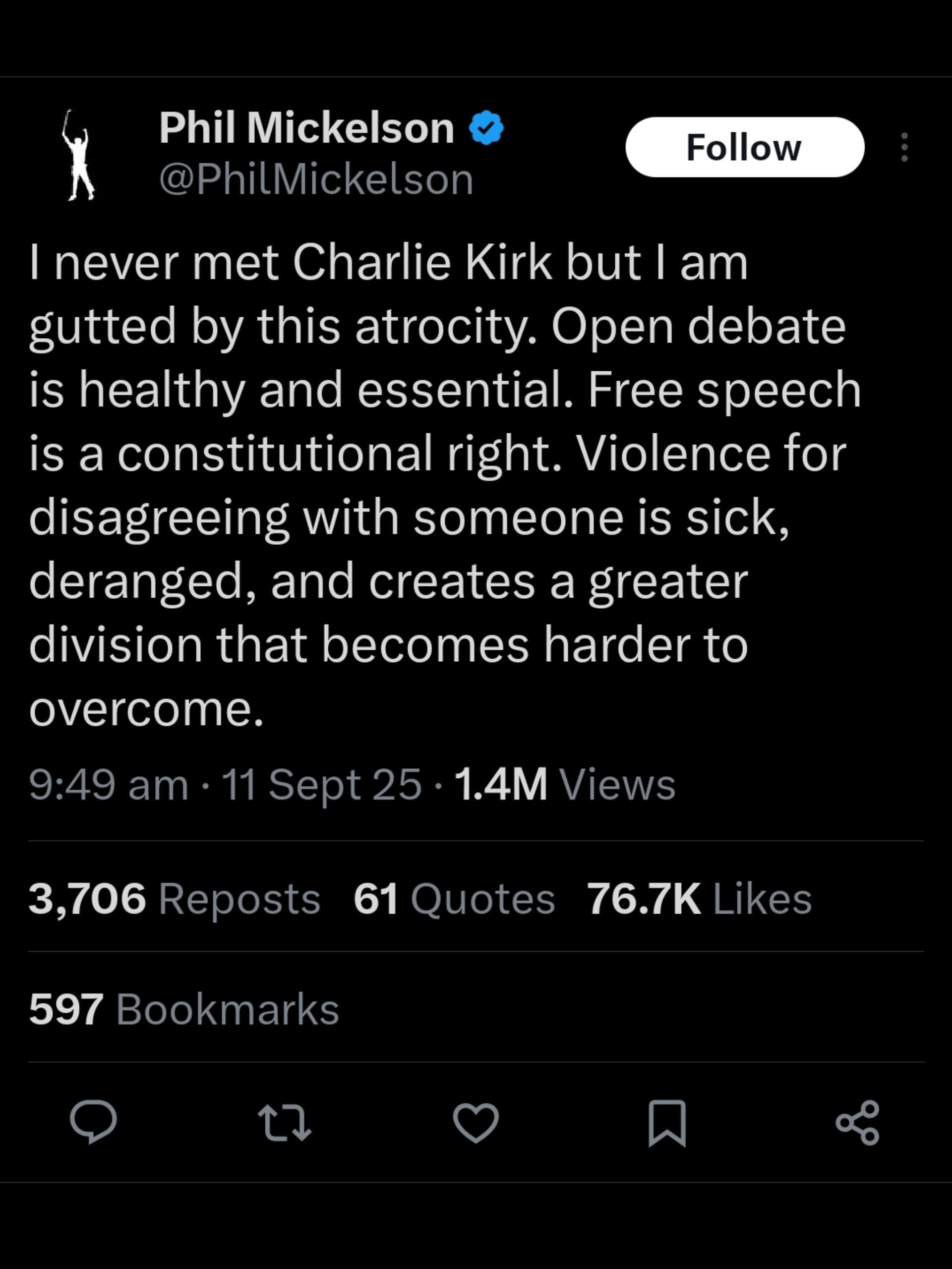 Screenshot z Mickelson's X Príspevok o Kirkovej smrti / zdroji: @philmickelson na x