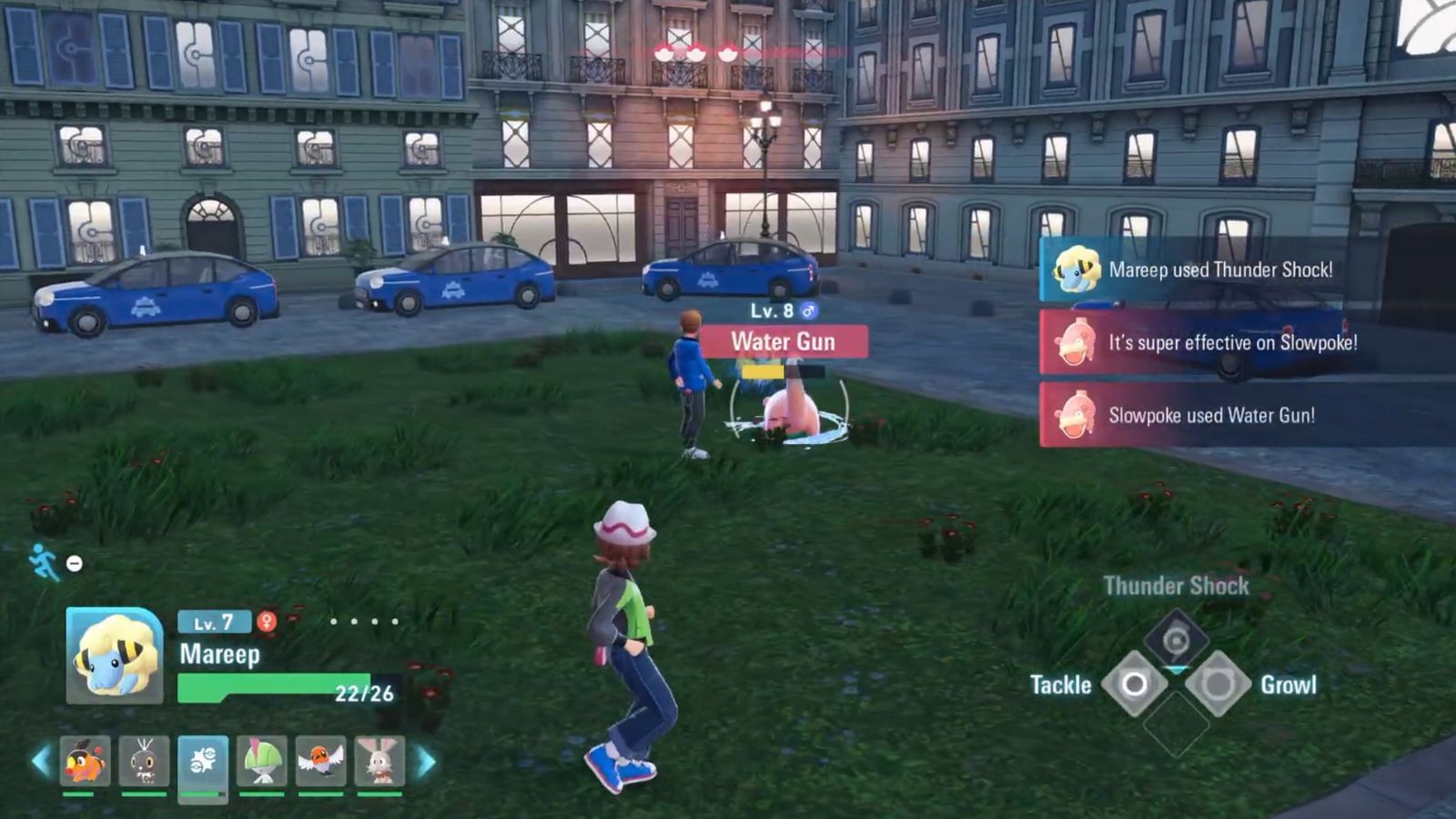 Mareep&#039;s Thunder moves are highly effective against Zach&#039;s Slowpoke and Pidgey (Image via The Pokemon Company || YouTube@Jin Yuan)