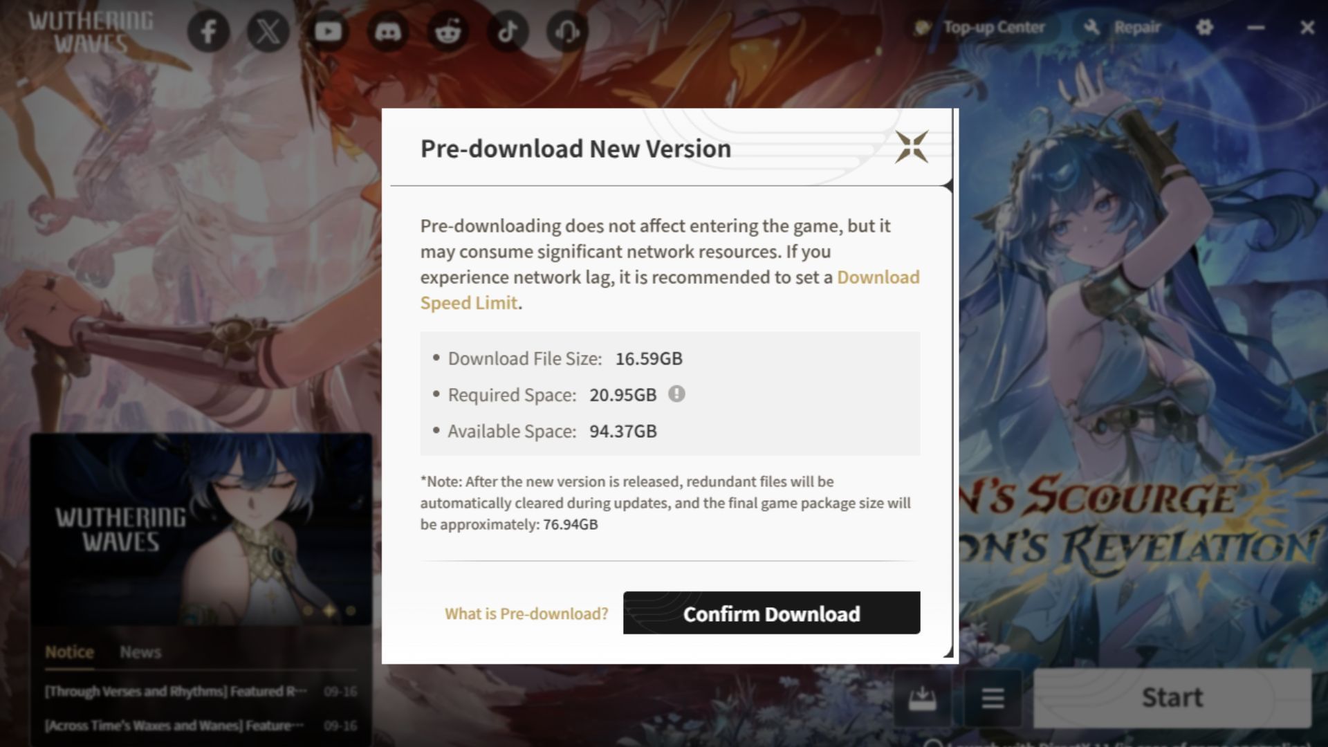 Preload size on PC (Image via Kuro Games)