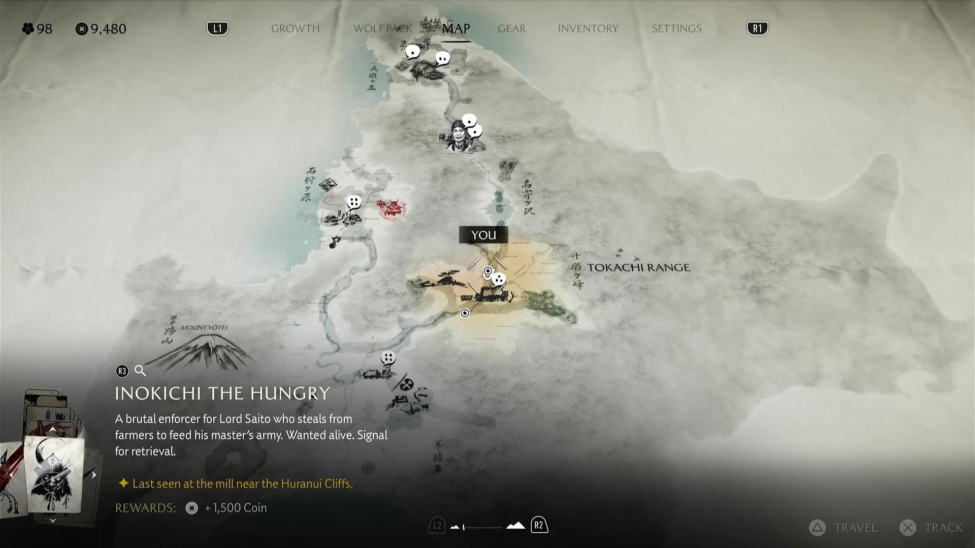 Inokichi&#039;s bounty location (Image via Sucker Punch Productions and YT.com/@WoWQuest)