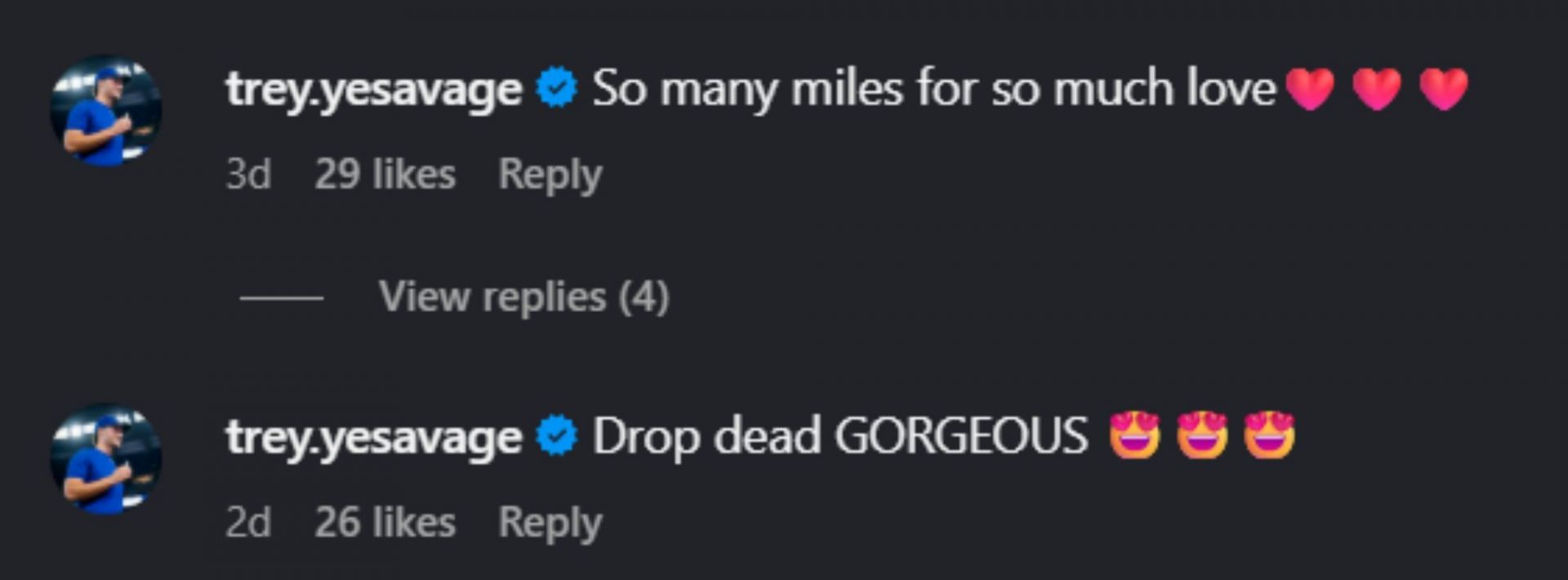 Screenshot of Trey Yesavage&#039;s comments [Image Source: Instagram/taylorfrickk]