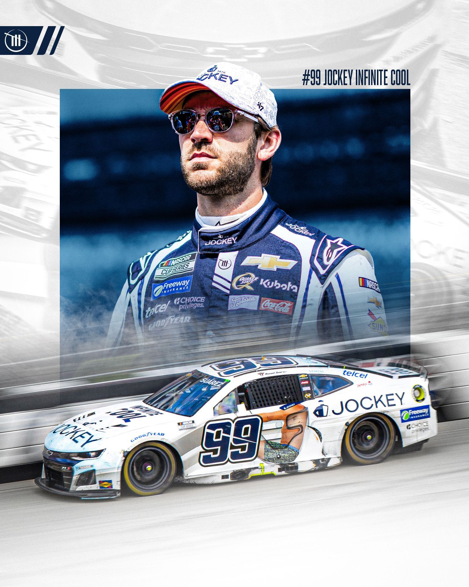Daniel Su&aacute;rez&#039;s No. 99 Jockey Infinite Cool Chevrolet. Source: @TeamTrackhouse via X.