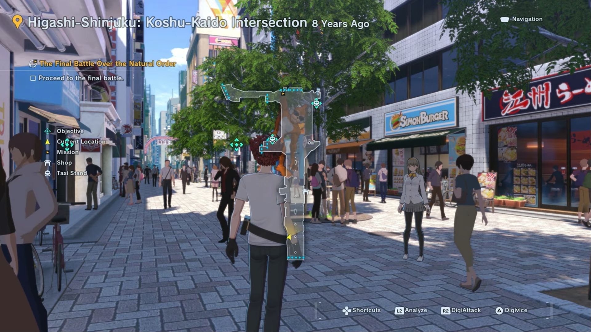 Soul Bit 2 is easy to spot hanging from a tree in this shopping area (Image via Bandai Namco Entertainment | Youtube: Ventus SGN)