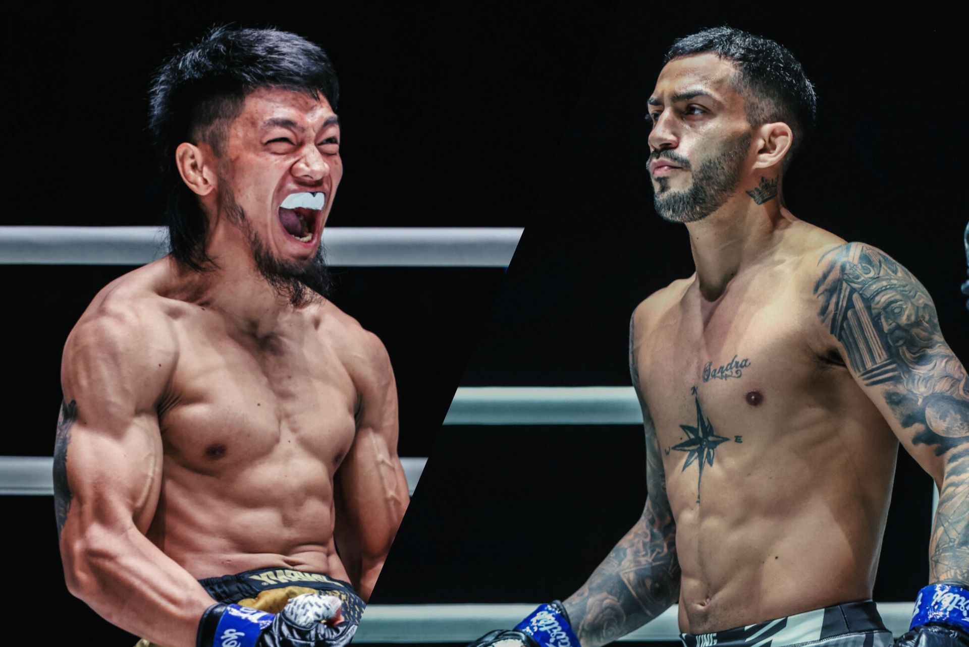 (From left) Lito Adiwang and Mauro Mastromarini collide in a flyweight MMA battle. [Images: ONE Championship]