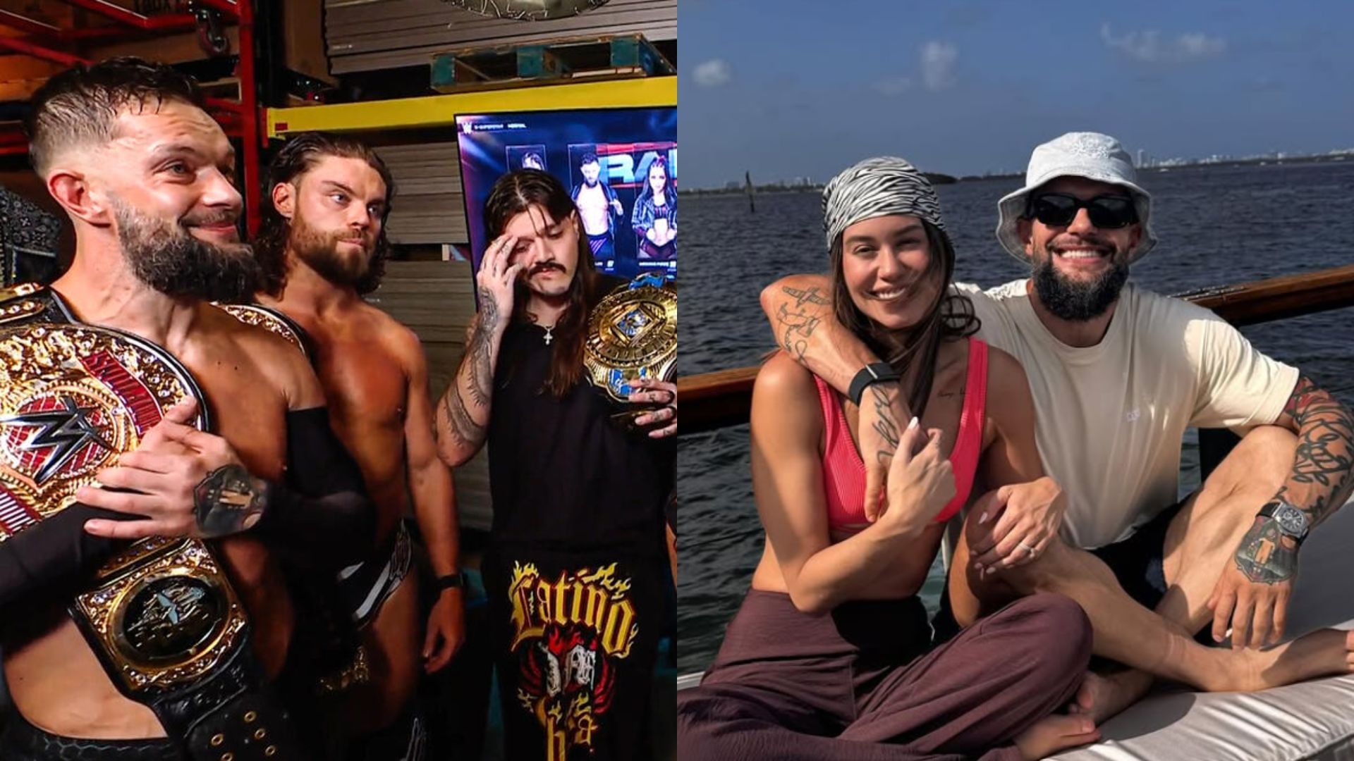 Finn Balor with the Judgment Day [leftt] and his wife [right] [Image Credits: WWE.com and his Instagram]