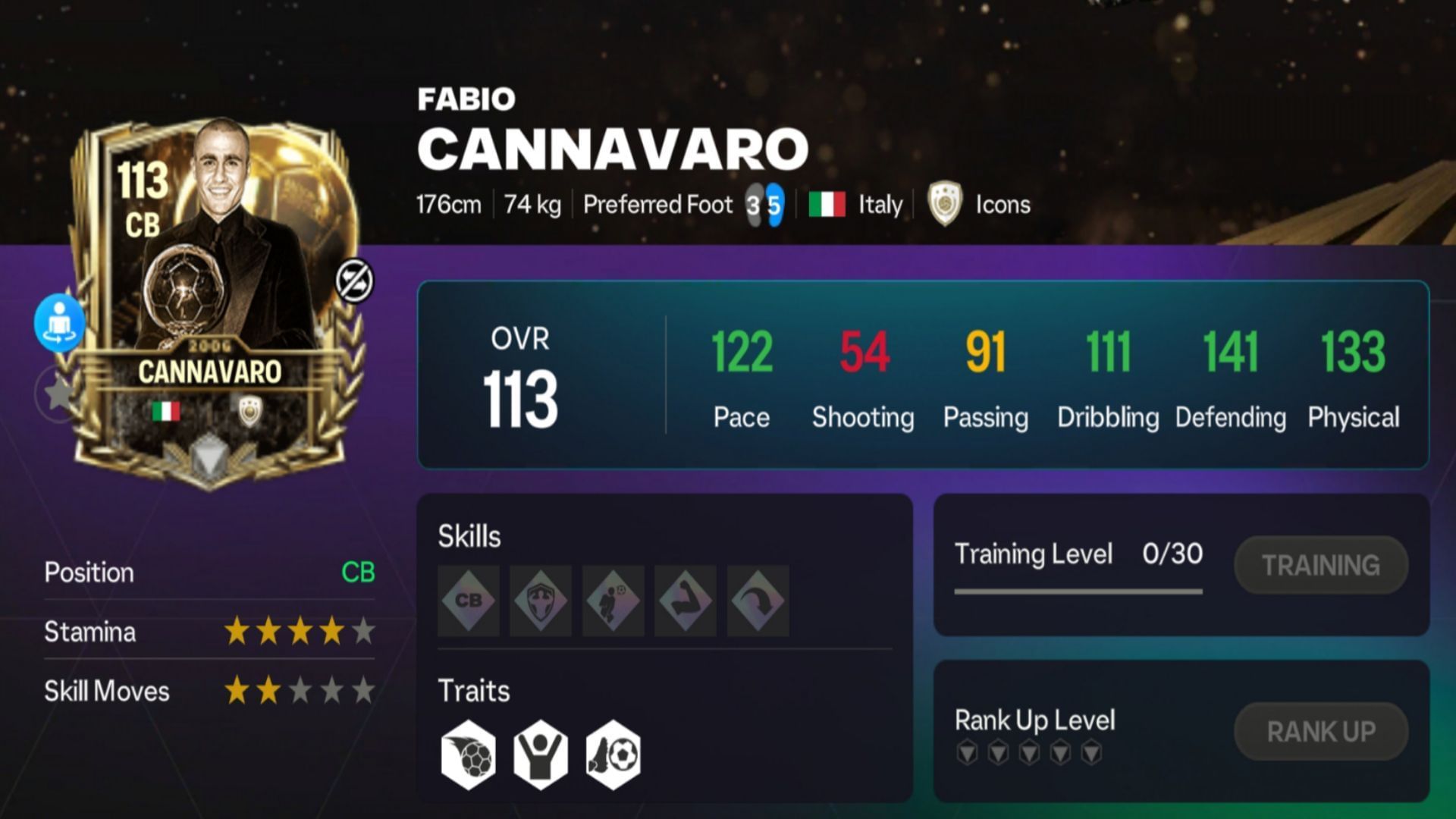 Snippet showing Ballon d&#039;Or Cannavaro exchange card stats (Image via EA Sports)
