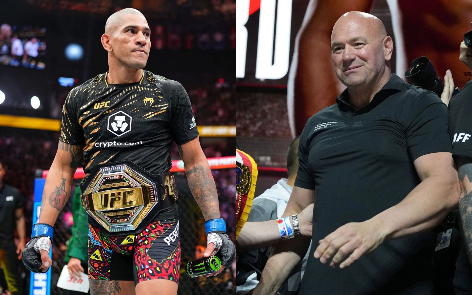Dana White (right) reacts to Alex Pereira
