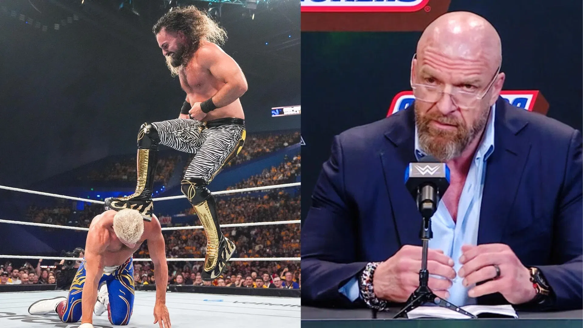 Seth Rollins and Cody Rhodes [left] and Triple H [right] [Image Credits WWE.com]