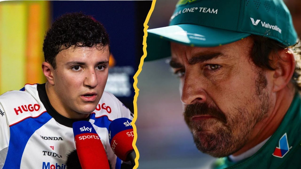 A side-by-side image of (L) Isack Hadjar of France and Visa Cash App RB answers questions in the TV media pen during qualifying ahead of the F1 Grand Prix of Singapore at Marina Bay Street Circuit on October 4, 2025 in Singapore, Singapore. (Photo by Jayce Illman/Getty Images) and Fernando Alonso of Spain and Aston Martin F1 Team looks on after being eliminated during Sprint qualifying ahead of the F1 Grand Prix of Belgium at Circuit de Spa-Francorchamps on July 25, 2025 in Spa, Belgium. (Photo by Mario Renzi - Formula 1/Formula 1 via Getty Images)