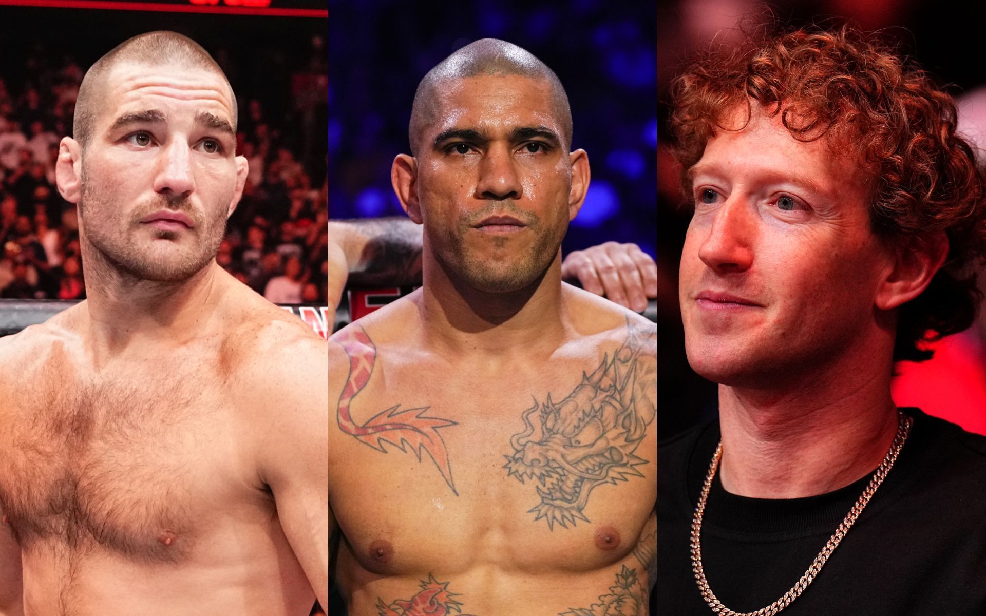 Sean Strickland (left) reacts to Alex Pereira (middle) training with Mark Zuckerberg (right). [Images courtesy: Getty Images]